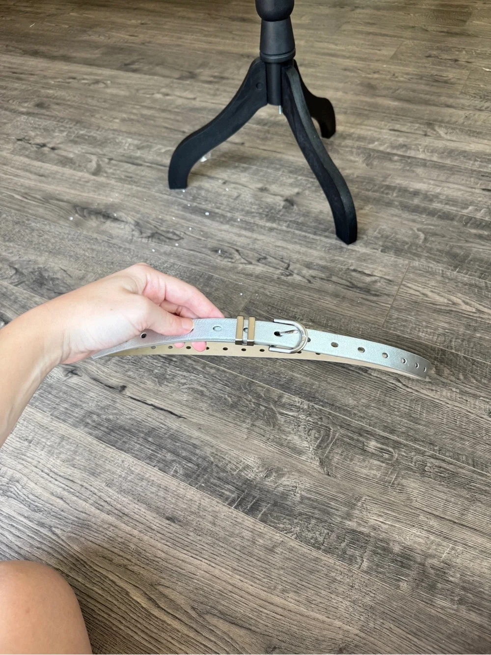 Skinny Metallic Silver Leather Belt with Silver Buckle